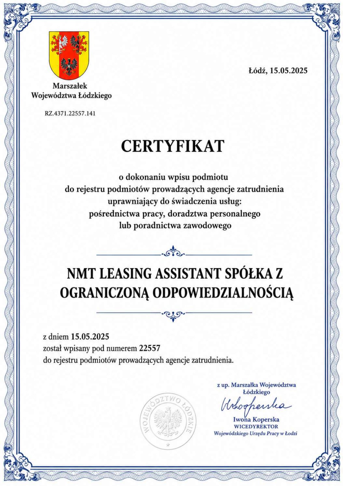 Лицензия NMT Leasing Assistant Sp. z o.o.